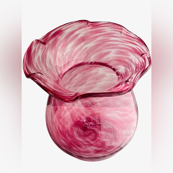 Hand Crafted Other - Vintage Hand Blown Art Glass Vase by Kenneth Marine Small Vase Pink White Swirl